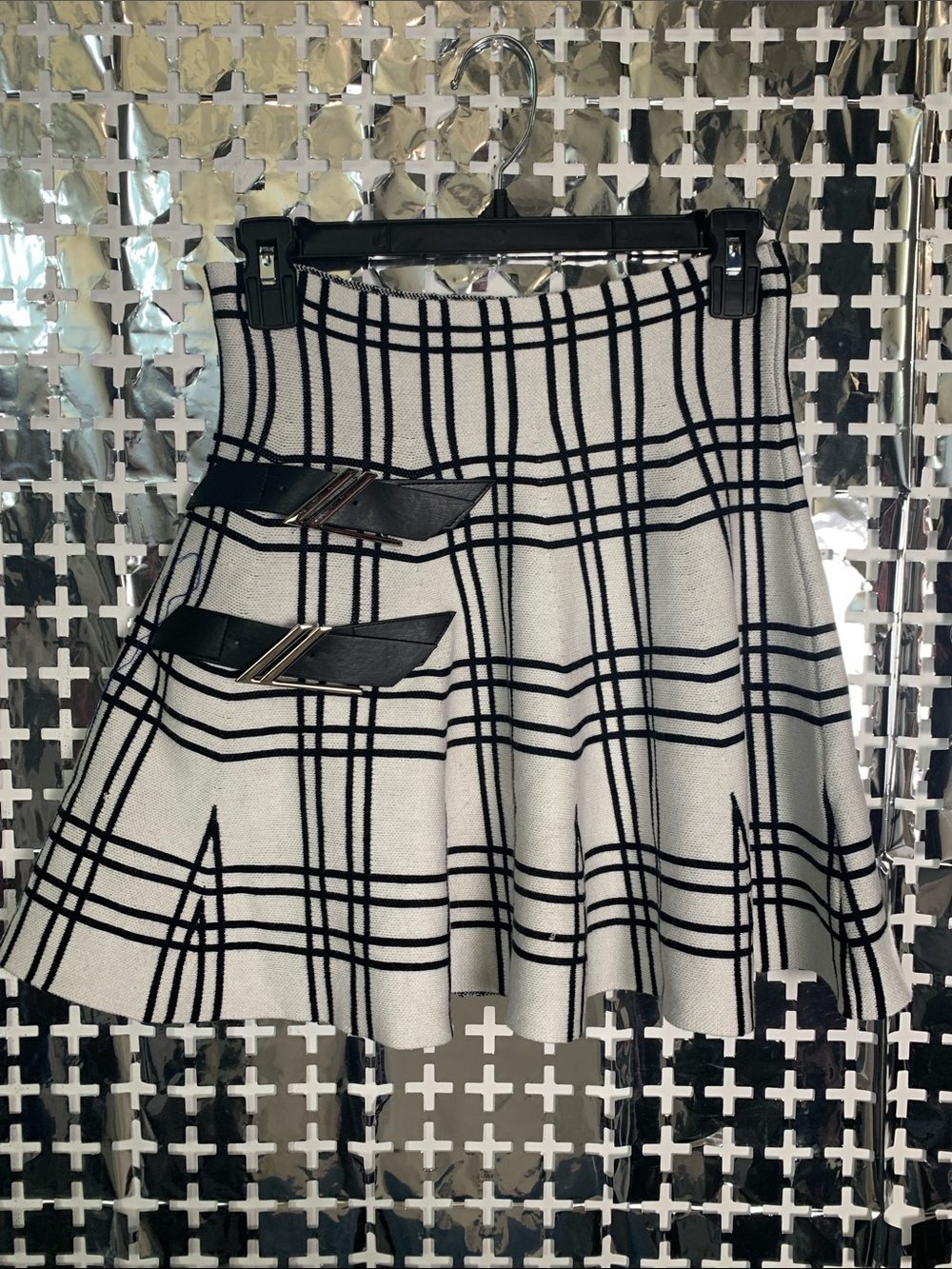 AKIRA Black and White Plaid Circle Skirt with Buckle Straps
